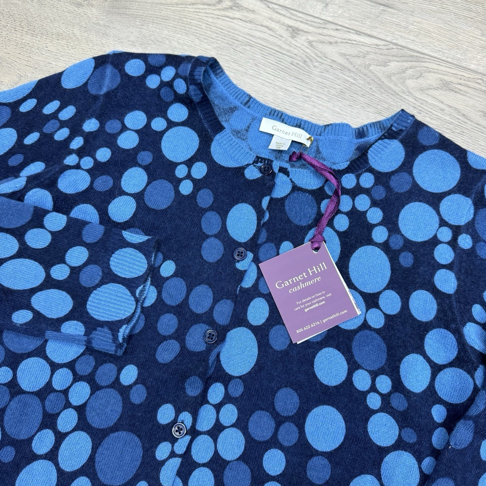 Nwt Garnet Hill 100% Cashmere Blue Bubble Geometric Cardigan Sweater Sz Xs